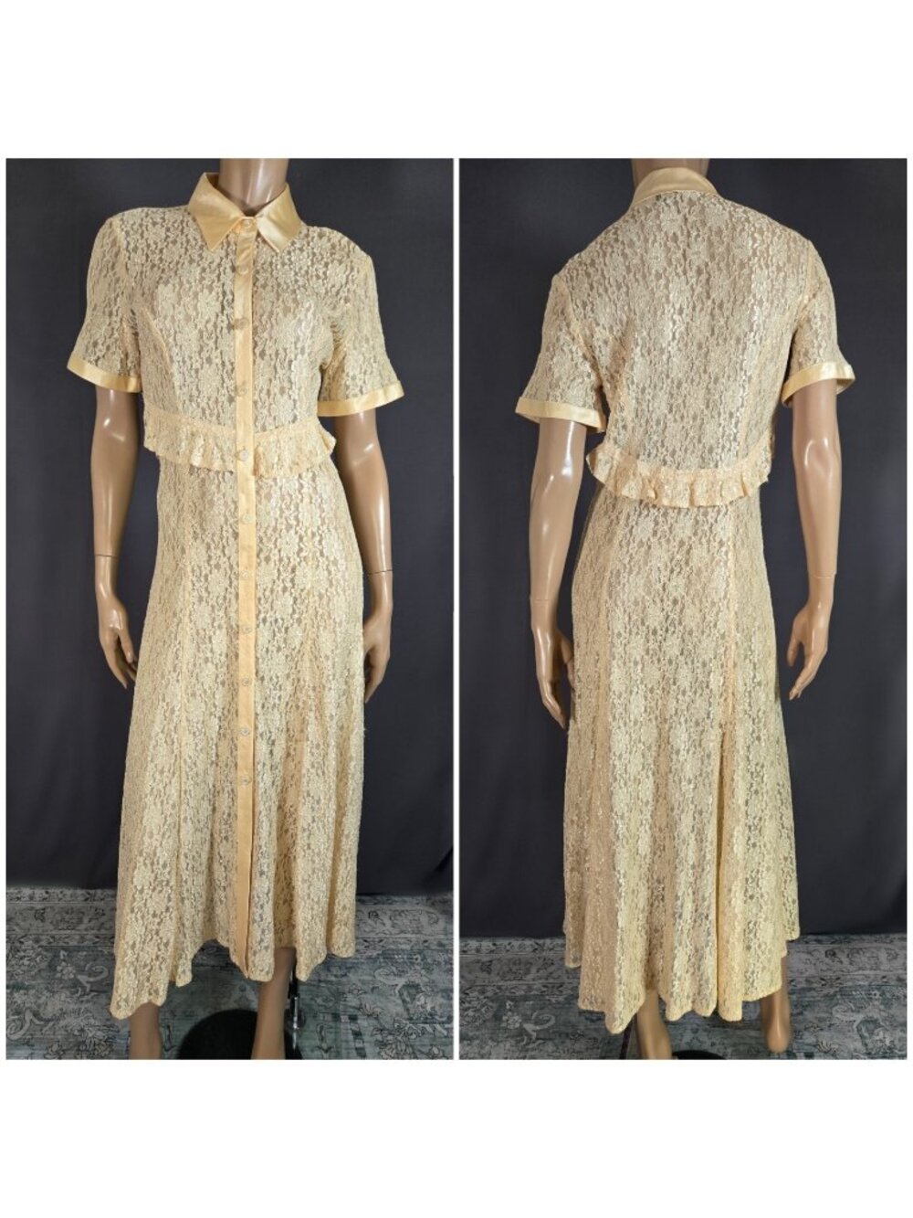 Vintage 90s Cream Lace Maxi Shirt Dress Ruffle Satin Trim Size M Romantic